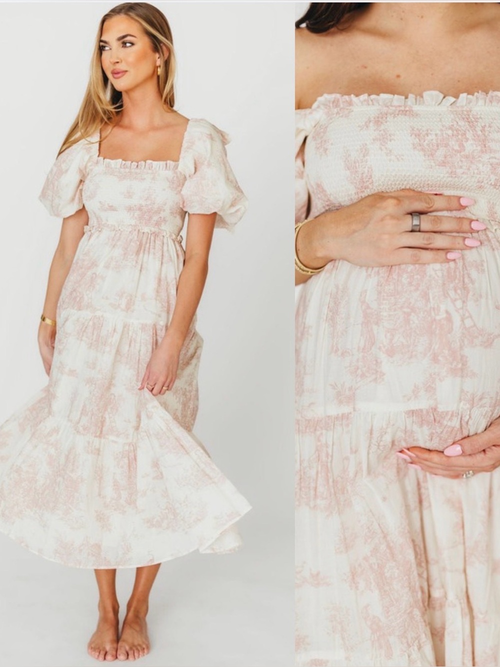 Worth Collective Toile Print Smocked Puff Sleeve Cottagecore Midi Dress S